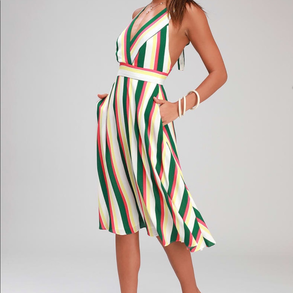 Lulus White and Green Stripe Halter Midi Dress